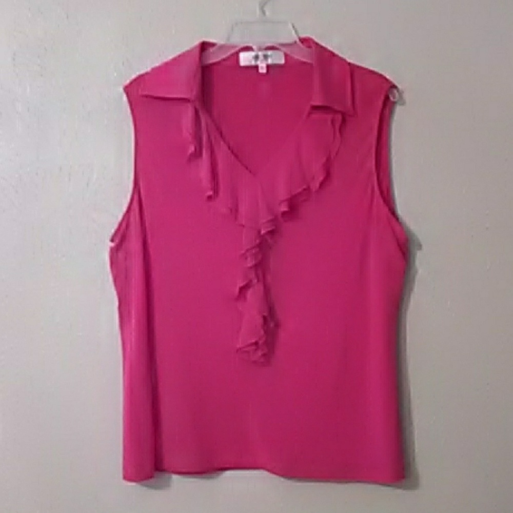 Pink sleevless blouse,with ruffle down the front.